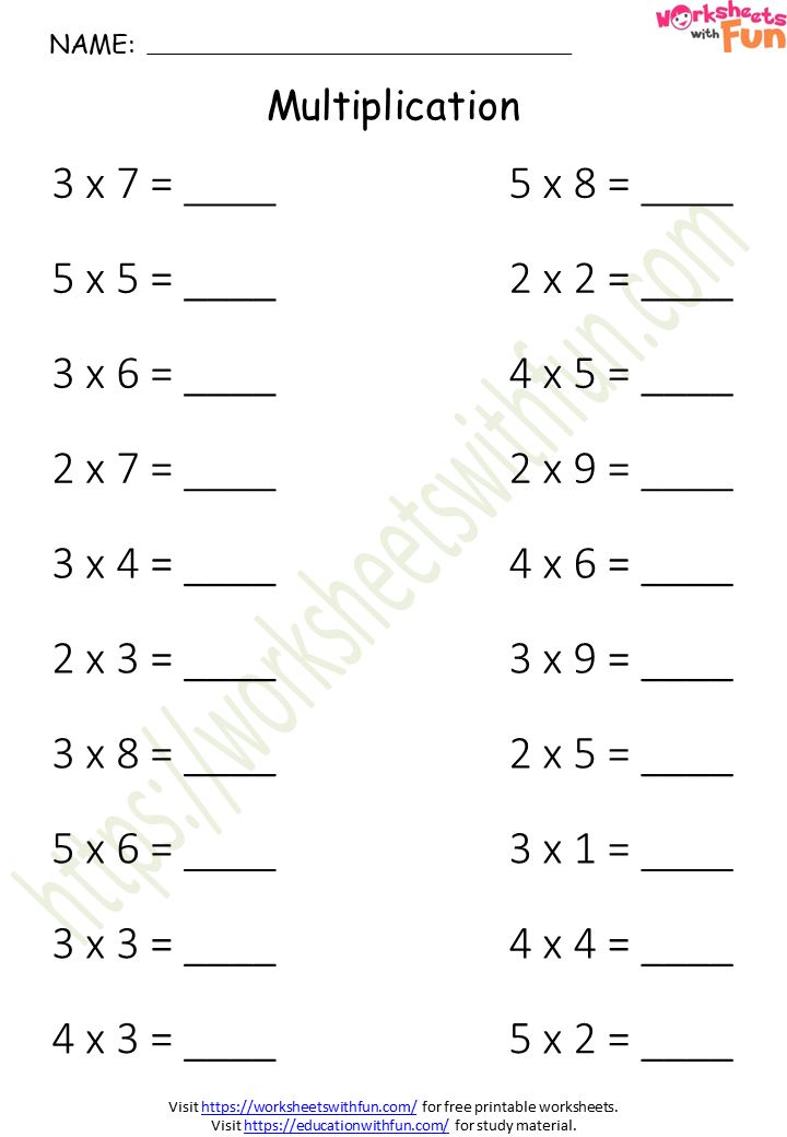 Class 3 Maths Multiplication Worksheet Pdf